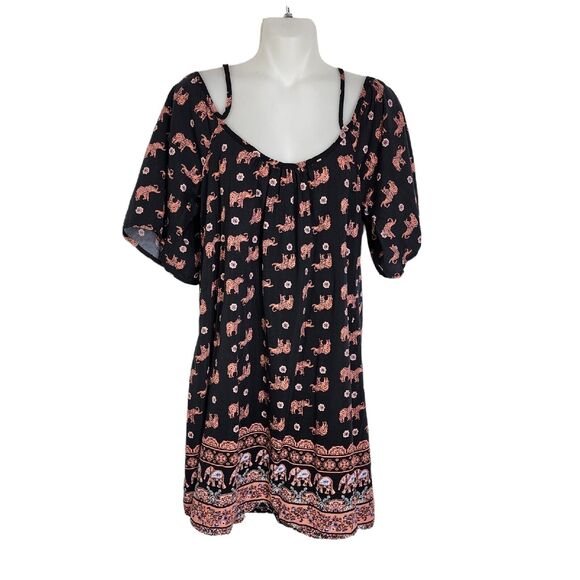 Rue 21 Women Mini Dress Medium Cold Shoulder Elephant Black Pink Spaghetti Strap - Picture 1 of 10